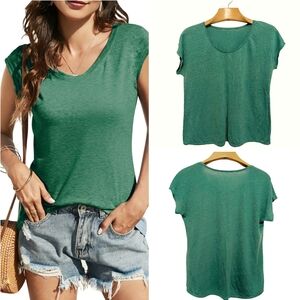 EILEEN FISHER U-Neck Linen Tee Emerald Green Top Large